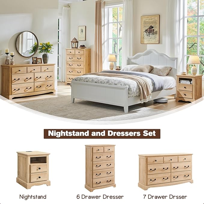 T4TREAM Nightstand with Charging Station, 18 Inch Vintage End Table with 2 Drawers, Wood Rustic Sofa Side Table with Open Storage Shelf for Bedroom, Living Room, Natural Oak-Ruum Studio Home