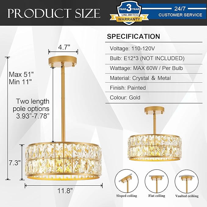 12” 3-Light Modern Crystal Chandeliers Gold Dinning Room Light Fixture, Round Pendant Light Kitchen Island Chandelier, Flush Mount Ceiling Light for Living Room Entryway Bedroom Foyer-Ruum Studio Home