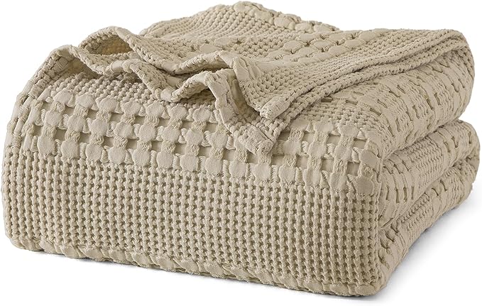 PHF 100% Cotton Waffle Weave Blanket Twin Size, Soft Lightweight Breathable Cozy Summer Blankets for Bed, Luxury Aesthetic Woven Bedding for Home Decor, 66"x90", Khaki-Ruum Studio Home