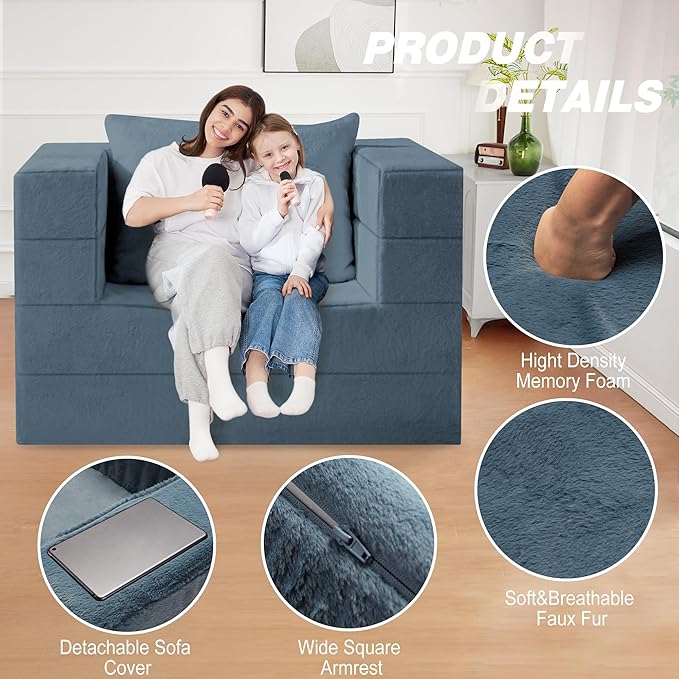 Folding Bean Bag Chair for Adults,3-in-1 Bean Bag Couch Faux Fur Floor Sofa Large Beanbag Convertible Bean Bag Sofa Bed with Pillow in Bedroom,Living Room,Apartment(Twin,Gray)-Ruum Studio Home