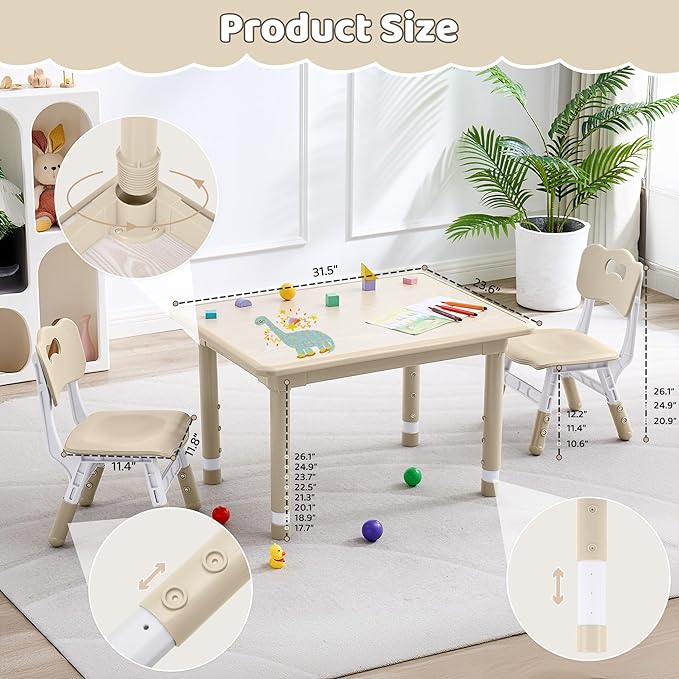 Kids Table and 2 Chairs Set, Height Adjustable (17.7"-26.1") Toddler Table and Chair Set, Multi-Activity Table with Graffiti Desktop, Children’s Table and Chairs for Classroom, Home & Daycare-Ruum Studio Home