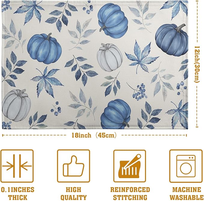 Blue Pumpkin Maple Leaves Fall Placemats Set of 4 Autumn Thanksgiving Harvest Linen Place Mat Non Slip Heat Resistant Washable Table Mats for Party Kitchen Dining Decoration-Ruum Studio Home