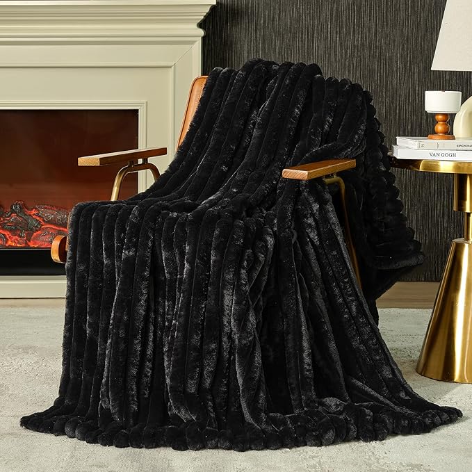 Amélie Home Faux Fur Throw Blanket for Couch, Cozy Fuzzy Fluffy Fur Luxurious Soft Striped Plush Gift Blankets for Family Sofa Chair Bed Living Room Bedroom, 55"x70", Black-Ruum Studio Home