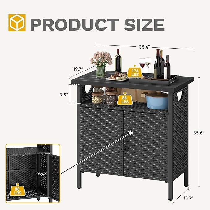 DWVO Patio Storage Cabinet, Outdoor Buffet Cabinet with Two Doors and Shelves, Outdoor Storage Bar Table with PE Rattan for Patio, Backyard, Garden - Black-Ruum Studio Home