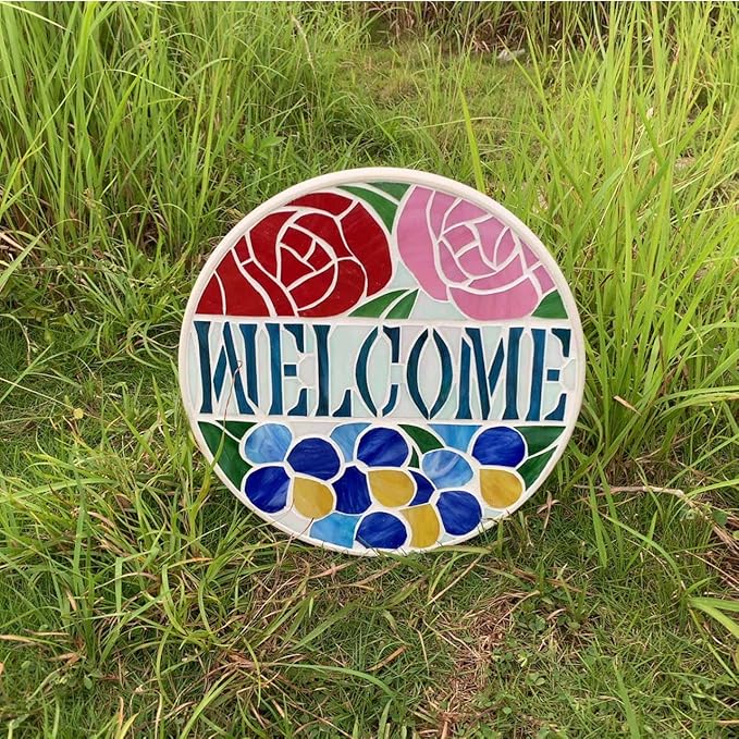 Bieye MSS002 Rose Flowers Tiffany Style Stained Glass Mosaic Decorative Stepping Stone for Garden Decor (12" Round, Welcome Sign)-Ruum Studio Home