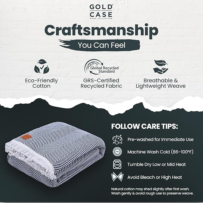 Gold Case Throw Blanket for Bed – 100% Recycled Turkish Cotton Bed Blanket – Decorative Throw Cotton Blankets for Living Room & Bedroom – Woven Twin Blankets - 71x90 - Navy Blue-Ruum Studio Home