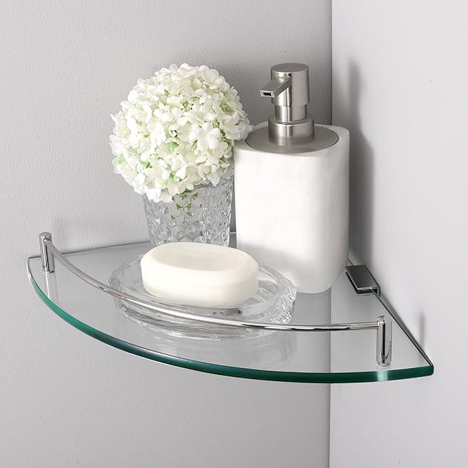 KES Glass Corner Shelf Bathroom Shelf Tempered Glass with Rail SUS 304 Stainless Steel Floating Wall Mount Bracket Polished Finish, BGS2101A-Ruum Studio Home