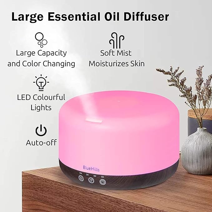 BlueHills Premium 1000 ML Large Essential Oil Diffuser Humidifier for Room Home Aromatherapy Big Capacity Oil Diffuser with Décor LED Lights Long Running Round Diffuser Dark Wood Grain – D002-Ruum Studio Home