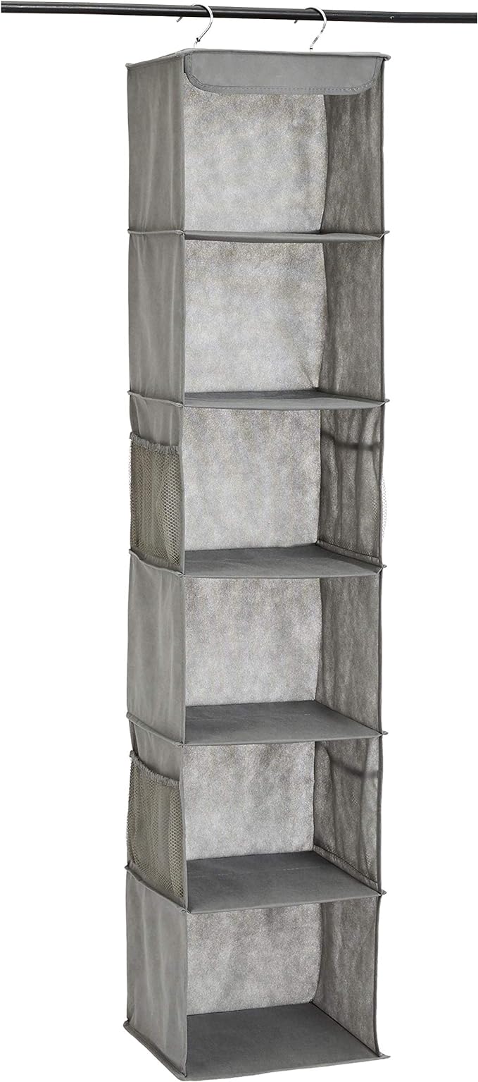 Amazon Basics 6-Tier Hanging Closet Shelf Organizer With Pockets, 8.5" D x 12" W x 9" H, Grey-Ruum Studio Home