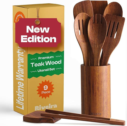 Riveira Teak Wooden Spoons for Cooking Set of 9 – Natural Teak Wooden Cooking Utensils, Wooden Spatula, Wooden Spoon - Premium Quality Wooden Utensil Set for Non-Toxic Cooking-Ruum Studio Home