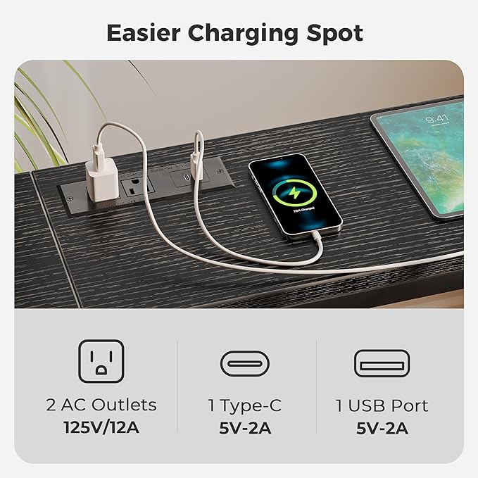 SUPERJARE Console Table with Outlet, 63 Inch Sofa Table with Charging Station, Narrow Entryway Table, Skinny Hallway Table, Behind Couch Table, for Living Room, Plants, Black-Ruum Studio Home