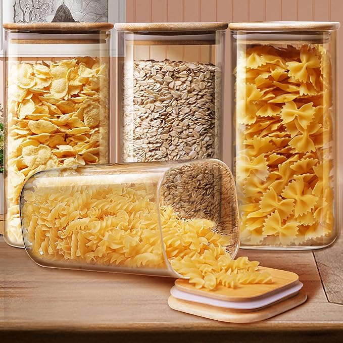 Square Glass Jars with Bamboo Lids 53 FL OZ [Set of 4], Glass Canisters with Airtight Lid, Glass Food Storage Containers for Pasta, Cereal, Coffee, Flour, Sugar, Best for Kitchen & Pantry-Ruum Studio Home