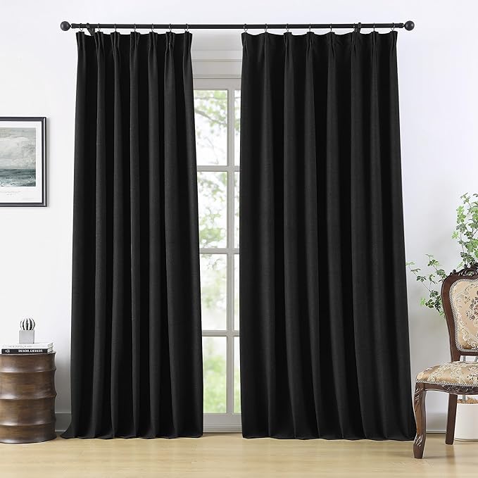 RAIN CITY Extra Wide Blackout Curtains 70 x 84 Inch Long, Linen Blend Black Out Pleated Curtains 2 Panels Set, Back Tab Pocket Textured Curtain for Home Office Patio Sliding Glass Door-Ruum Studio Home