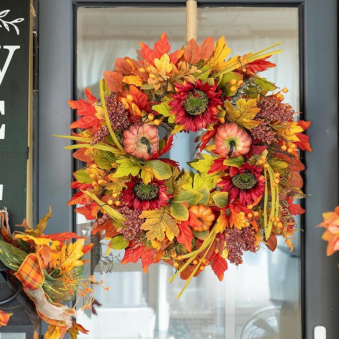 Fall Wreaths for Front Door 24 Inch- Full&Realistic Autumn Maple Leaves Wreath,Large Fall Door Wreath with Sunflower,Pumpkin,Berries for Thanksgiving Harvest Festival Decorations-Ruum Studio Home