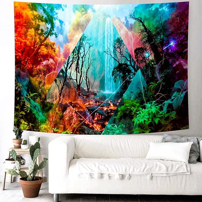 Delur Forest Tapestry Waterfall Mountain Rainforest Sunset Nature Tree Tapestry Wall Hanging Scenic Tropical Landscape Natural Sunrise Headboard for Bedroom Living Room Home Decor (70.8" x 92.5")-Ruum Studio Home