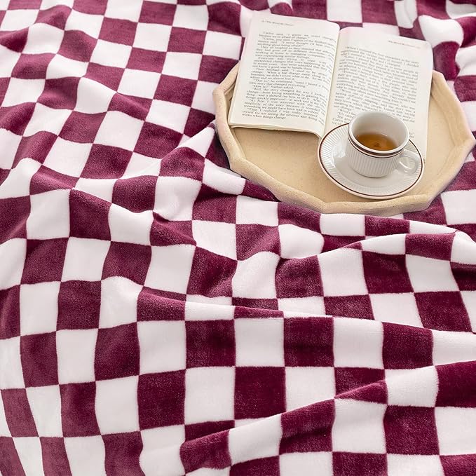 LOMAO Throw Blankets Flannel Blanket with Checkerboard Grid Pattern Soft Throw Blanket for Couch, Bed, Sofa Luxurious Warm and Cozy for All Seasons (Burgundy, 50"x60")-Ruum Studio Home