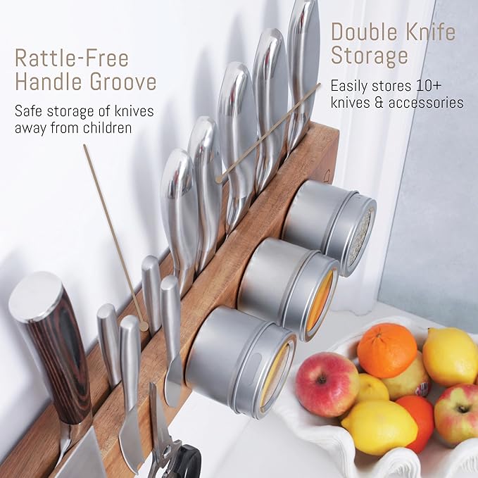 Premium 10 inch Magnetic Knife Holder for Wall with 2x Storage & Charming Wood - Knife Magnetic Strip, Under Cabinet Magnet Knives Storage - Magnet Strip Rack Kitchen Utensil Holder Organizer Tool-Ruum Studio Home
