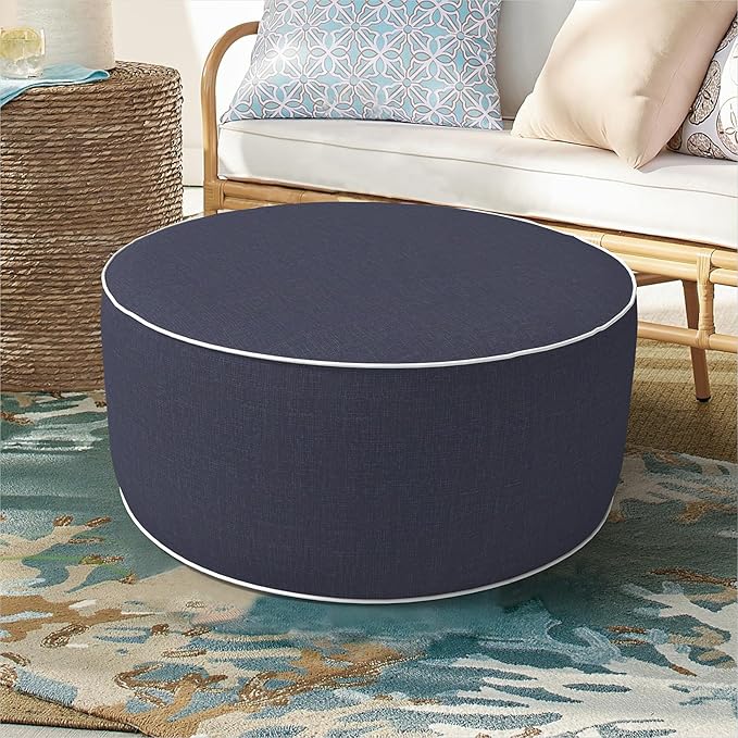 Inflatable Ottoman Stool D21 xH9 for Outdoor/Indoor Use, Water Repellent Patio Foot Rest Stool with Portable Handle,Round Pouf Ottoman Suitable for Garden,Deck and Camping - Textured Navy-Ruum Studio Home