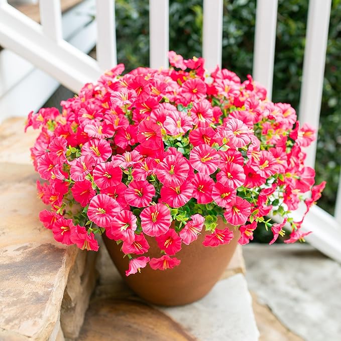 Artificial Flowers for Outdoors Fake Plants Outside Decoration, 12 Bundles Silk Hot Pink Morning Glory UV Resistant Look Real Faux Flowers for Planter Front Door Porch Patio Yard Gardens Home-Ruum Studio Home