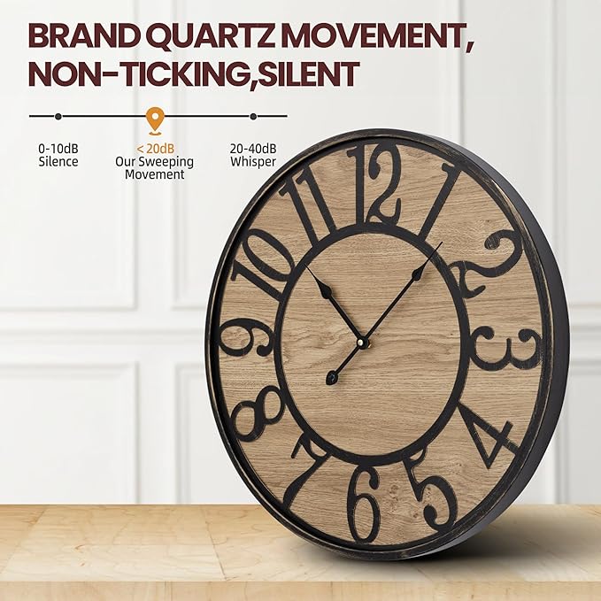 Large Wall Clock for Living Room Decor, Non Ticking Silent, Battery Operated Modern Vintage Wood Wall Clock Oversized Decorative Wall Clock for Bedroom Kitchen Farmhouse Office Decor-Ruum Studio Home