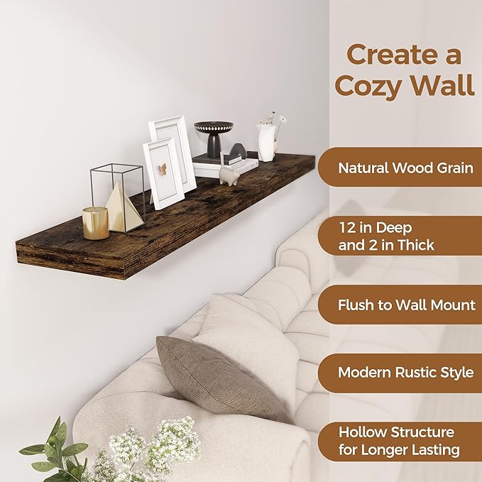 Floating Shelves 55 Inch Long, 55 x 12 Large Floating Shelf Wall Mounted, 12 Inch Wide Floating Shelves for Fireplace Mantel, 2" Thicked Storaged Shelves for Living Room, Bedroom, Rustic Brown, 1 Pack-Ruum Studio Home
