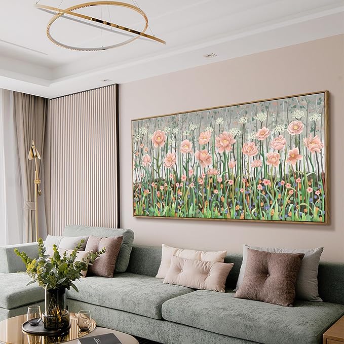 amatop Framed Oversized Floral Canvas Wall Art Canvas Print Modern Botanical Flower Field Rustic Wall Decor Abstract Nature Blooming Wildflower Pale Pink Green Artwork for Living Room Bedroom Office 58x29 in-Ruum Studio Home