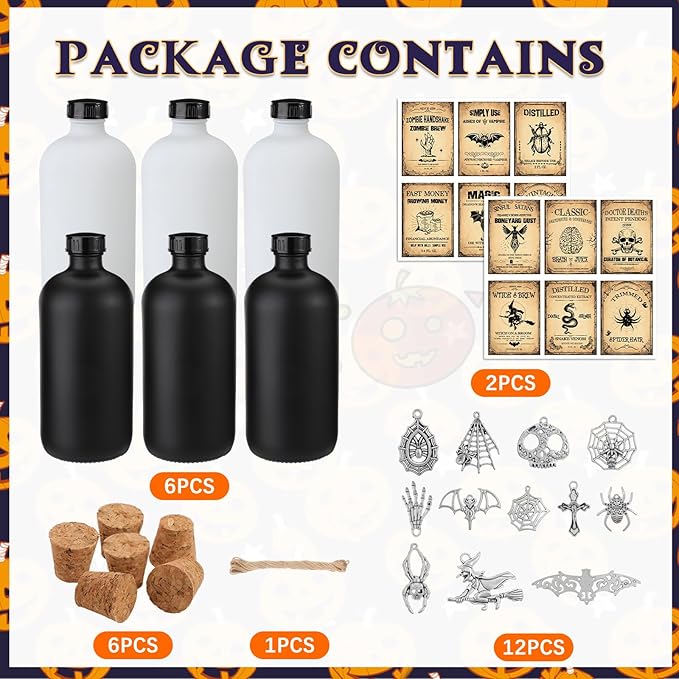 Uiifan 31 Pcs Halloween Potion Bottles Set Including Glass Apothecary Bottles with Cork Stickers and Pendants Halloween Decorations Indoor Party Supplies(White, Black,16 oz)-Ruum Studio Home