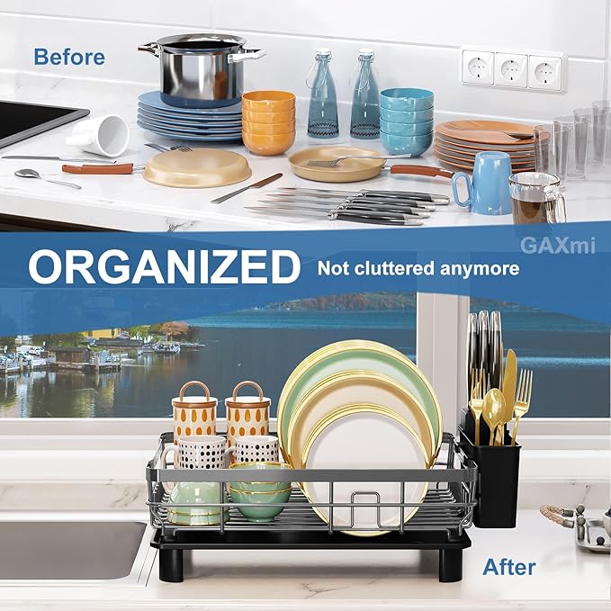 GAXmi Dish Drying Rack Over The Sink Drainer with Drainboard Utensil Holder, 1-Tier Black-Ruum Studio Home