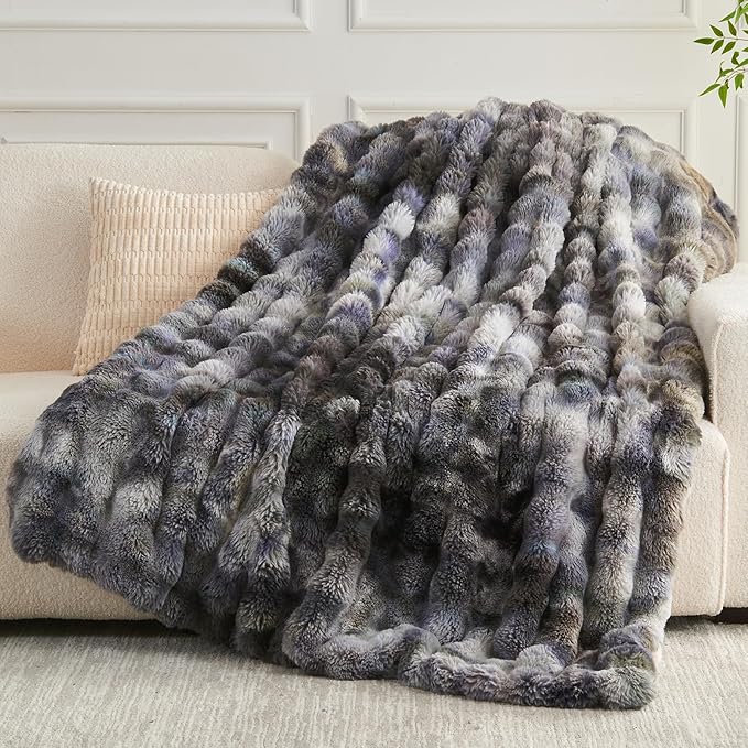 NEWCOSPLAY Faux Fur Throw Blanket Tie-dye Grey Luxury Fluffy Thick Warm Bubble Blanket for Couch Sofa Bed 700GSM (Tie-dye Grey, Throw(50"x60"))-Ruum Studio Home