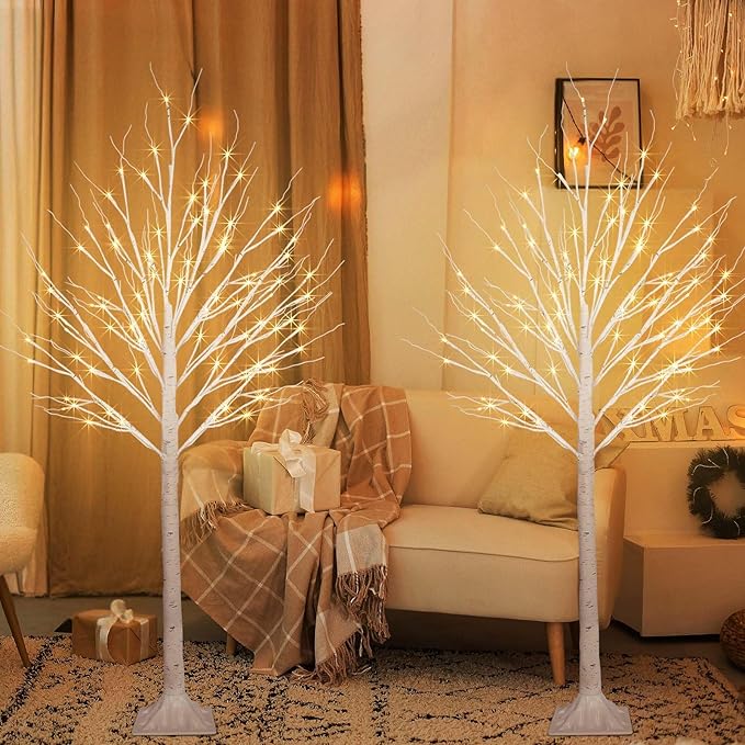 2 Pack 5FT 200LED Christmas Lighted Birch Tree, Timer Function Prelit Artificial Tree Lamp Plug in with Warm White Lights, 2 Modes Twinkling Twig Trees for Indoor Outdoor Party Christmas Decorations-Ruum Studio Home