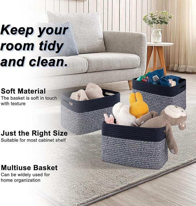 4 Pack Storage Baskets for Organizing, Woven Baskets for Shelves - Perfect for Toys, Books, Towels, and Clothes, Durable Gift Basket Bins Toy Storage, 13''L x9''W x7.8''H, Blue and Grey-Ruum Studio Home