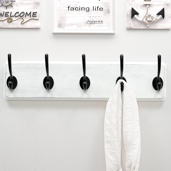 Dseap Coat Rack Wall: Patented, Heavy-duty, 17.4" Long 5-double-hooks Wooden Wall Mounted Coat Rack Coat Hanger Hook Rail for Winter Coats Hat Jacket Clothing, White & Black-Ruum Studio Home
