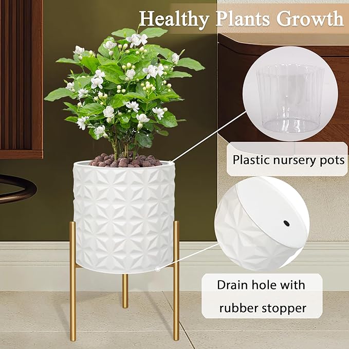 ARNIS Modern Planter Pots, Set of 2 Large Planters with Stand, Decorative Planters, Metal Pots with Drainage Holes for Living Room, Office, Garden or Balcony, 10.5 &12.25 Inch, Matte White-Ruum Studio Home