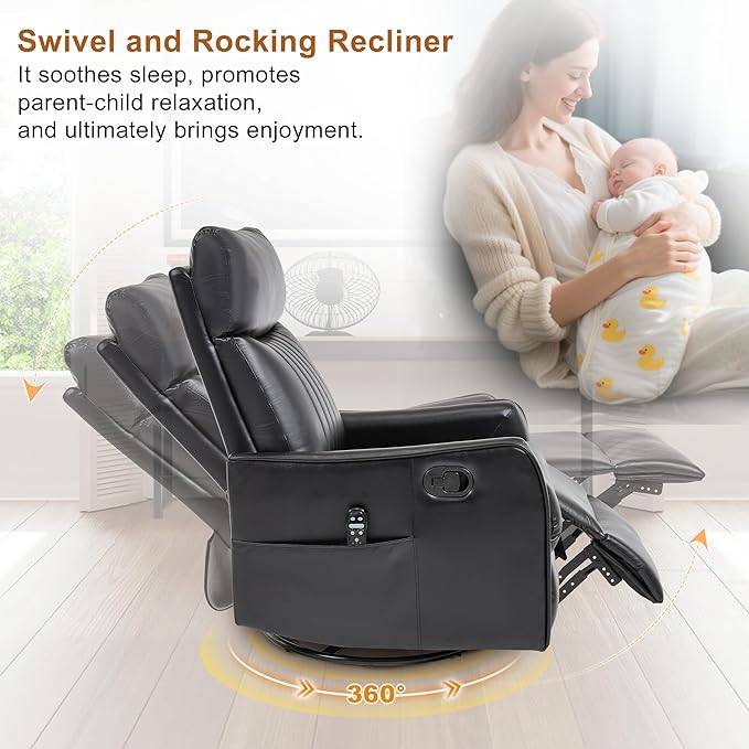 Manual Swivel Rocker Recliner Chair for Adults, Overstuffed Reclining Glider Chair for Nursing with Vibration Massage & Heat, Living Room Rocking Recliner 2-Stage backrest, Faux Leather Black-Ruum Studio Home