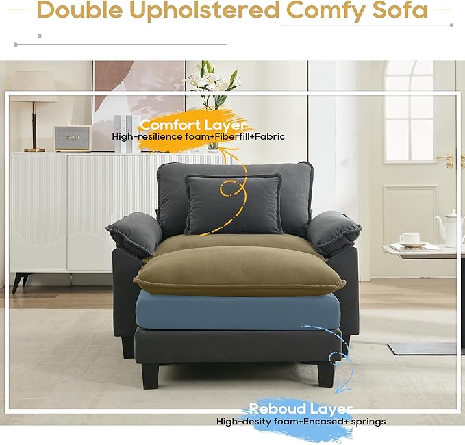 URRED Modular Sectional Sofa Comfy Cloud Couch, Modern Chenille Sofa Sleeper Deep Seat Couches with Ottoman/Pillows for Living Room (Dark Gray, 53''- Ottoman)-Ruum Studio Home