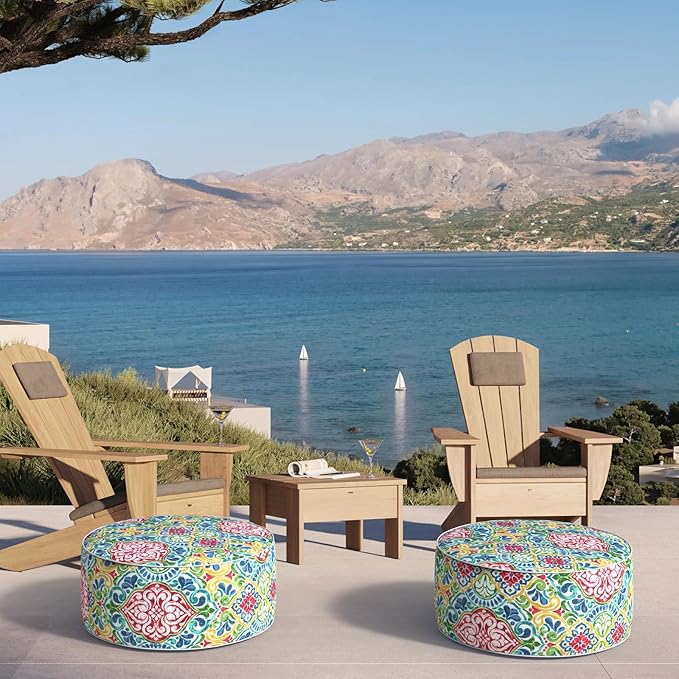 Inflatable Ottoman Stool D21 xH9 for Outdoor/Indoor Use, Water Repellent Patio Foot Rest Stool with Portable Handle,Round Pouf Ottoman Suitable for Garden,Deck and Camping - Damask Red-Ruum Studio Home