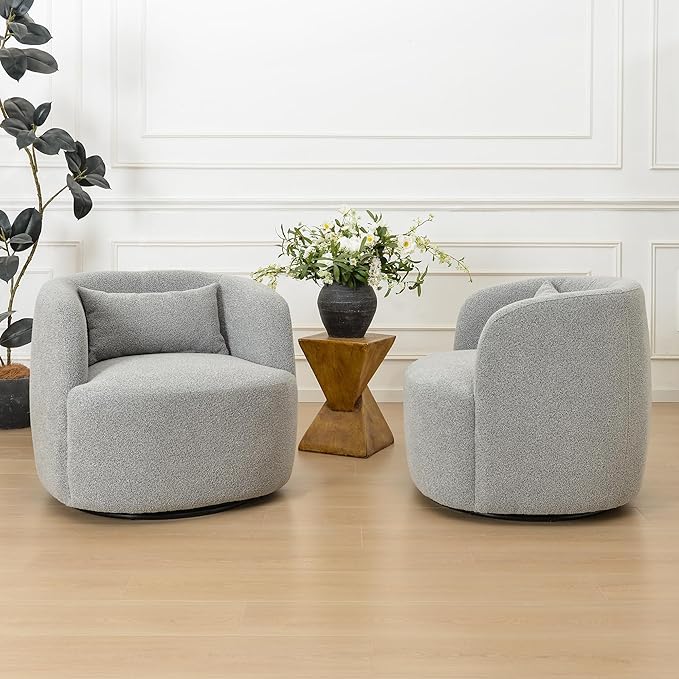 KINWELL 34" Wide Sherpa Swivel Barrel Chairs Set of 2, No Assembly Round Boucle Upholstered Accent Chairs Armchairs Single Sofa Chair with Toss Pillow for Living Room and Bedroom, Gray-Ruum Studio Home