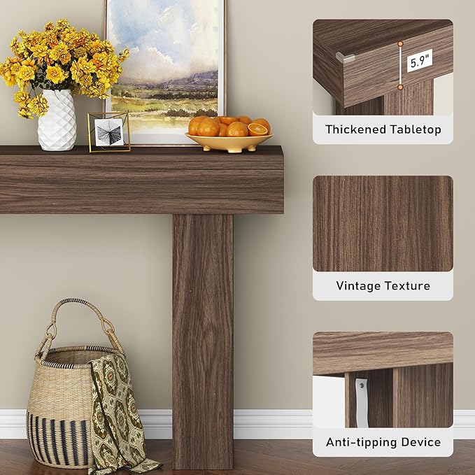 63 Inch Long Console Table for Entryway, Farmhouse Wood Rectangular Sofa Table Behind Couch Table, Narrow Entryway Table for Living Room, Entrance, Hallway, Foyer, Easy Assembly (Brown)-Ruum Studio Home