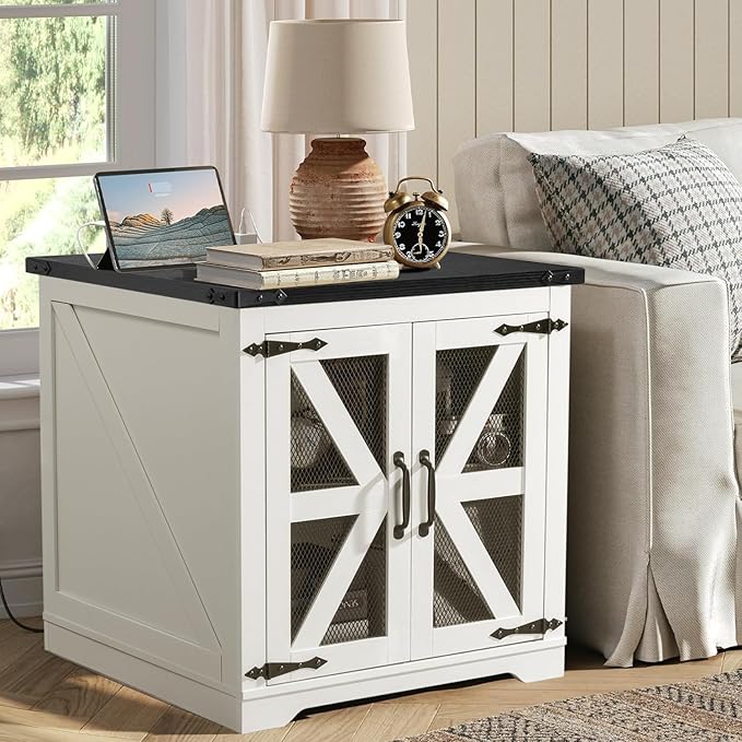 Farmhouse End Table, 24" Large Sofa Side Table with Charging Station, Mesh Barn Door, White Nightstand with Adjustable Storage Shelf, Square Nightstand for Living Room, Bedroom, Office-Ruum Studio Home
