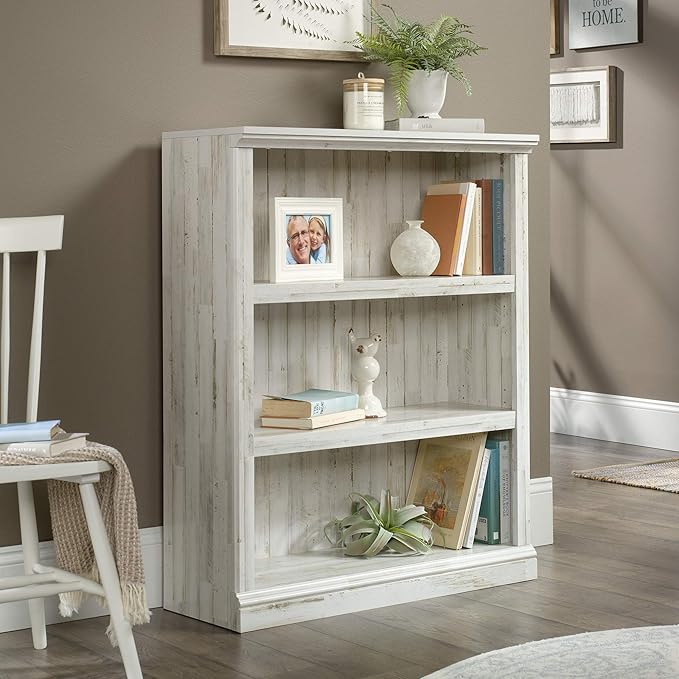 Sauder 3 Tier Book Shelf Wooden Bookcase Multipurpose Bookshelf for Home Office, Living Room, in White Plank-Ruum Studio Home