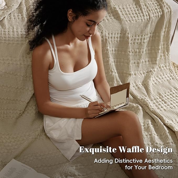 PHF 100% Cotton Waffle Weave Blanket Twin Size, Soft Lightweight Breathable Cozy Summer Blankets for Bed, Luxury Aesthetic Woven Bedding for Home Decor, 66"x90", Khaki-Ruum Studio Home