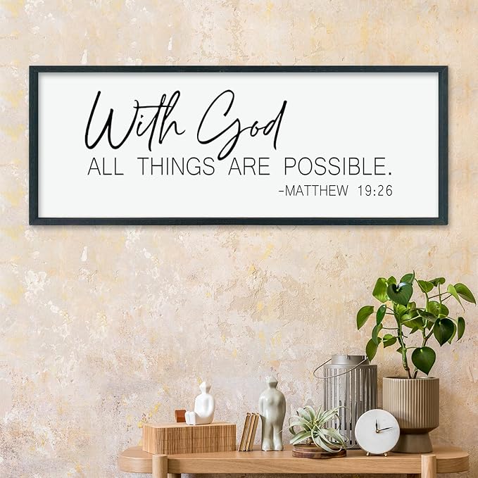 LuZhiQiang With God All Things Are Possible Wall Decor 40"×15" Matthew 19:26 sign Bible Verse Scripture for Living Room Large Wood Framed Wall Hanging Art (Black)-Ruum Studio Home