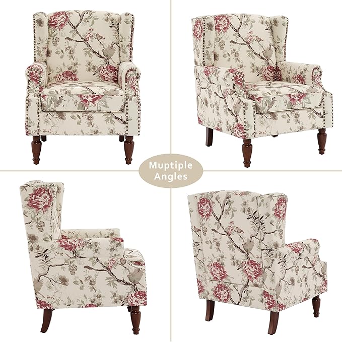 Lumibee Wingback Accent Chair, 2 Set High Back Floral Armchairs in Fabric,Comfy Upholstered Reading Single Sofa Chairs with Solid Wood Legs for Living Room,Bedroom,Office-Floral Beige-Ruum Studio Home