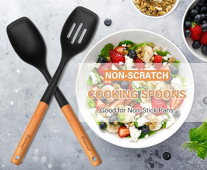 Large Silicone Cooking Spoon Set, 2 Pack Solid Slotted Spoon with Wooden Handle, Nonstick Silicone Kitchen Spoons for Cooking, Heat Resistan Spatula Set for Serving, Basting, Mixing (Black)-Ruum Studio Home