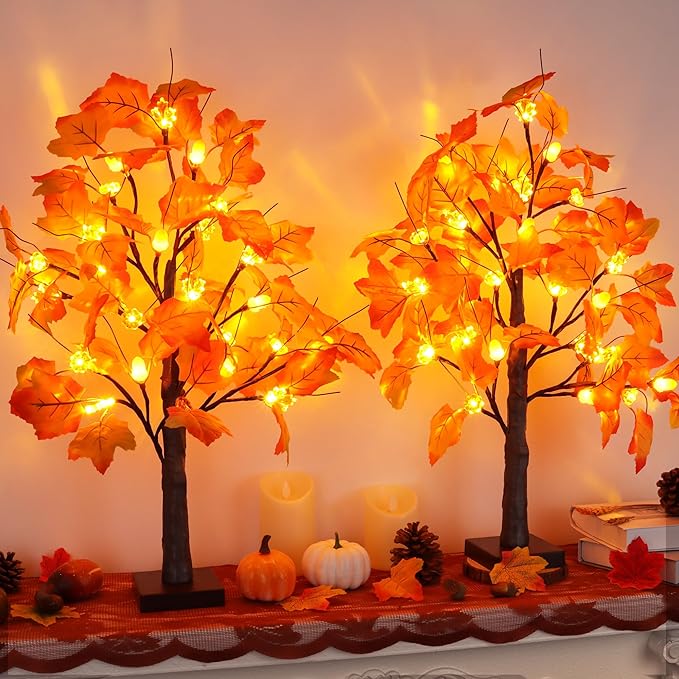 2 Pack 24 Inch Prelit Fall Maple Tree Fall Decor with 48 LED Timer Battery Operated Artificial Fall Light Up Tree Pumpkin Maple Acorn for Fall Thanksgiving Decorations Table Home Indoor Autumn Harvest-Ruum Studio Home