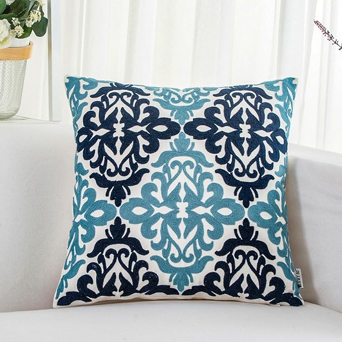 HWY 50 Blue Decorative Throw Pillow Covers 18x18 Inch (1 Piece), Embroidered Cotton Farmhouse Cushion Cover Pillow Case for Sofa Couch Living Room Bed Bedroon, Floral Geometric-Ruum Studio Home