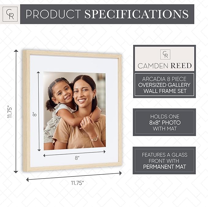Camden Reed Arcadia 8 Piece Oversized Gallery Wall Frame, 11x14 and 11x11 inch matted frames for featuring 8x10 and 8x8 Inch Photographs or Art Prints, Natural Finish-Ruum Studio Home