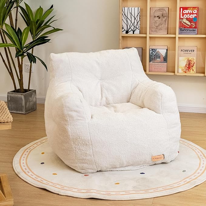 Bean Bag Chair with Filler, Bean Bag Sofa with Tufted Soft Stuffed Filling, Fluffy and Lazy Sofa, Comfy Cozy BeanBag Chairs with Memory Foam for Dorm, Apartment, Living Room (White)-Ruum Studio Home
