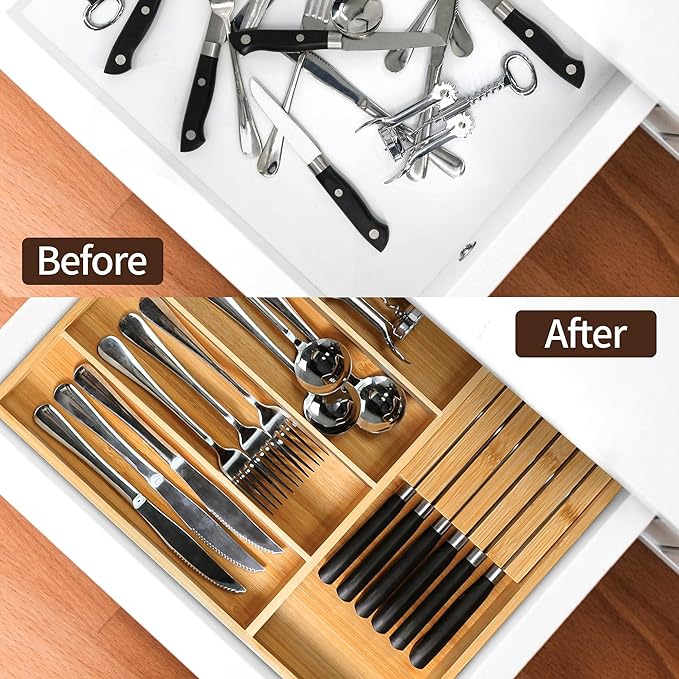 VaeFae Bamboo Silverware Organizer (Non-expandable), Utensil Holder for Drawer, Wooden Cutlery Tray with Divider for Kitchen Drawer, Utensil Organizer with Knife Block-Ruum Studio Home