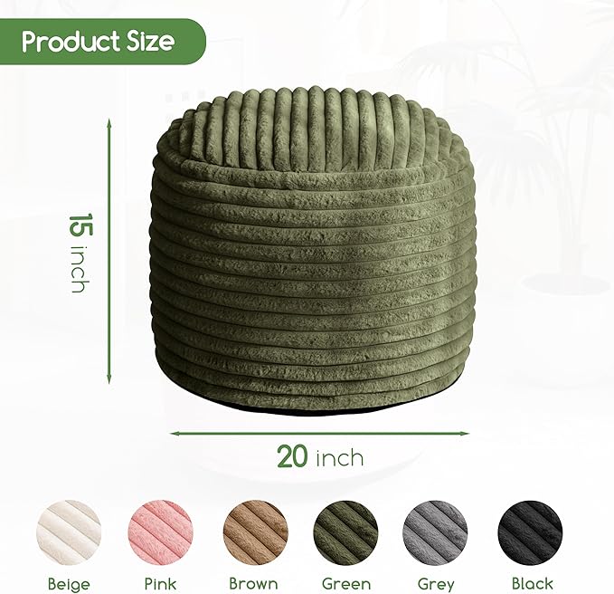 HIGOGOGO Round Stuffed Pouf Ottoman, Corduroy Poufs with High-Density Foam Filling, Furry and Fluffy Pouf Foot Stool Storage Ottoman, 20 X 15 Floor Poufs Foot Rest for Living Room, Green-Ruum Studio Home